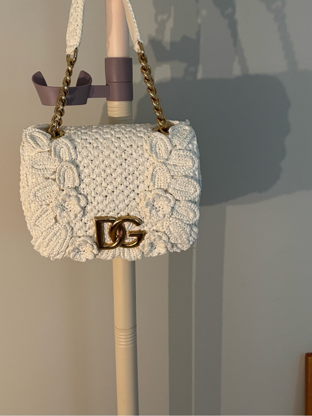 Dolce & Gabbana Cream Crochet Shoulder Bag with Gold DG Logo